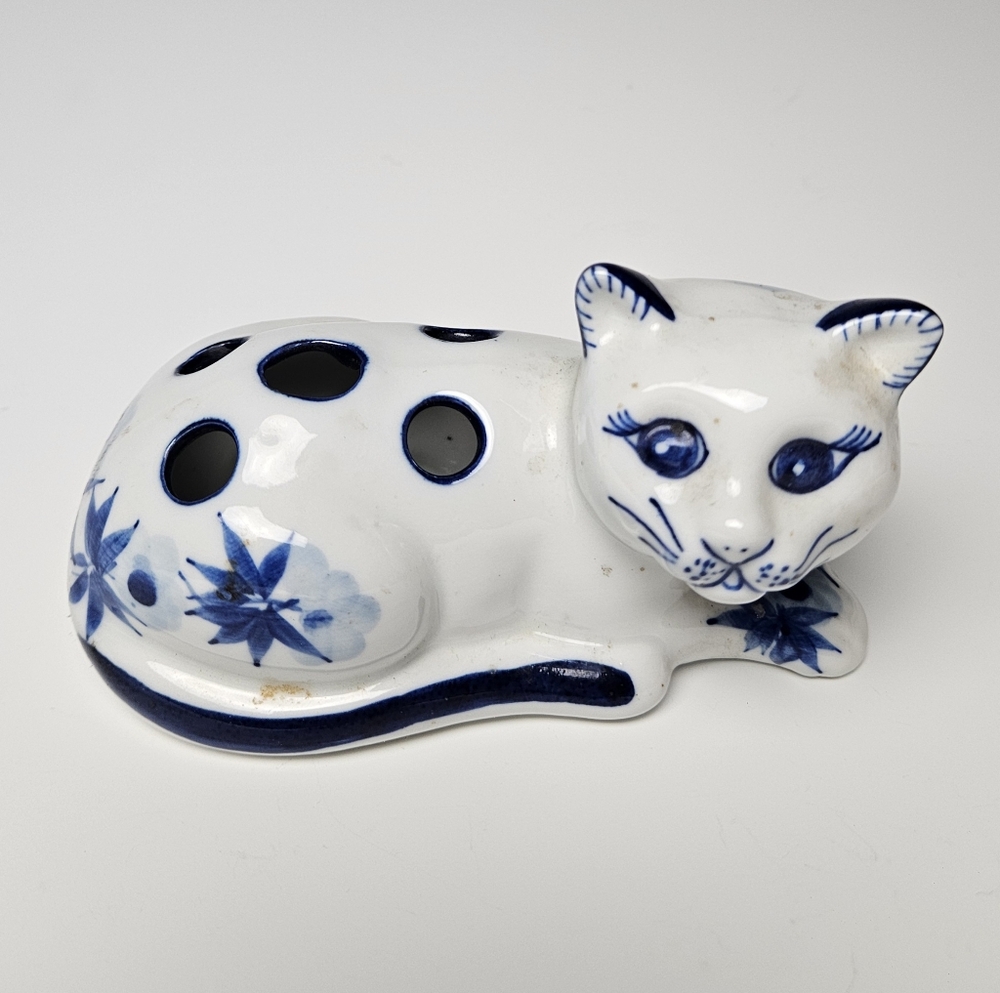 Kitty Cat Flower Frog White Ceramic with Painted Blue Floral Design, No Chips!